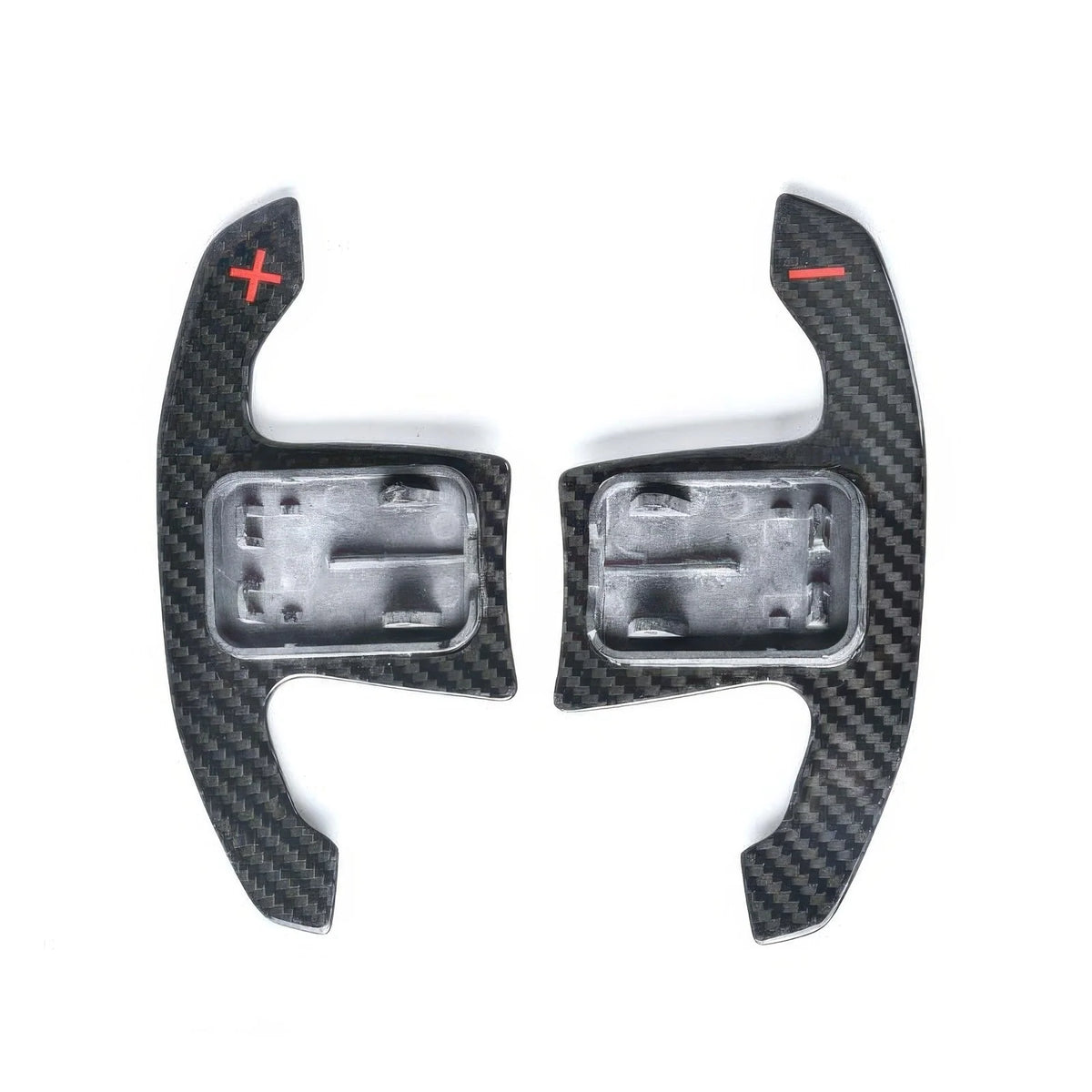 Front view of carbon fiber Magnetic Paddle Shifters with red plus and minus symbols