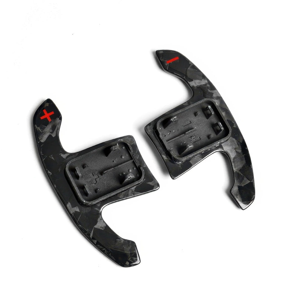 Forged carbon paddle shifters with red plus and minus symbols