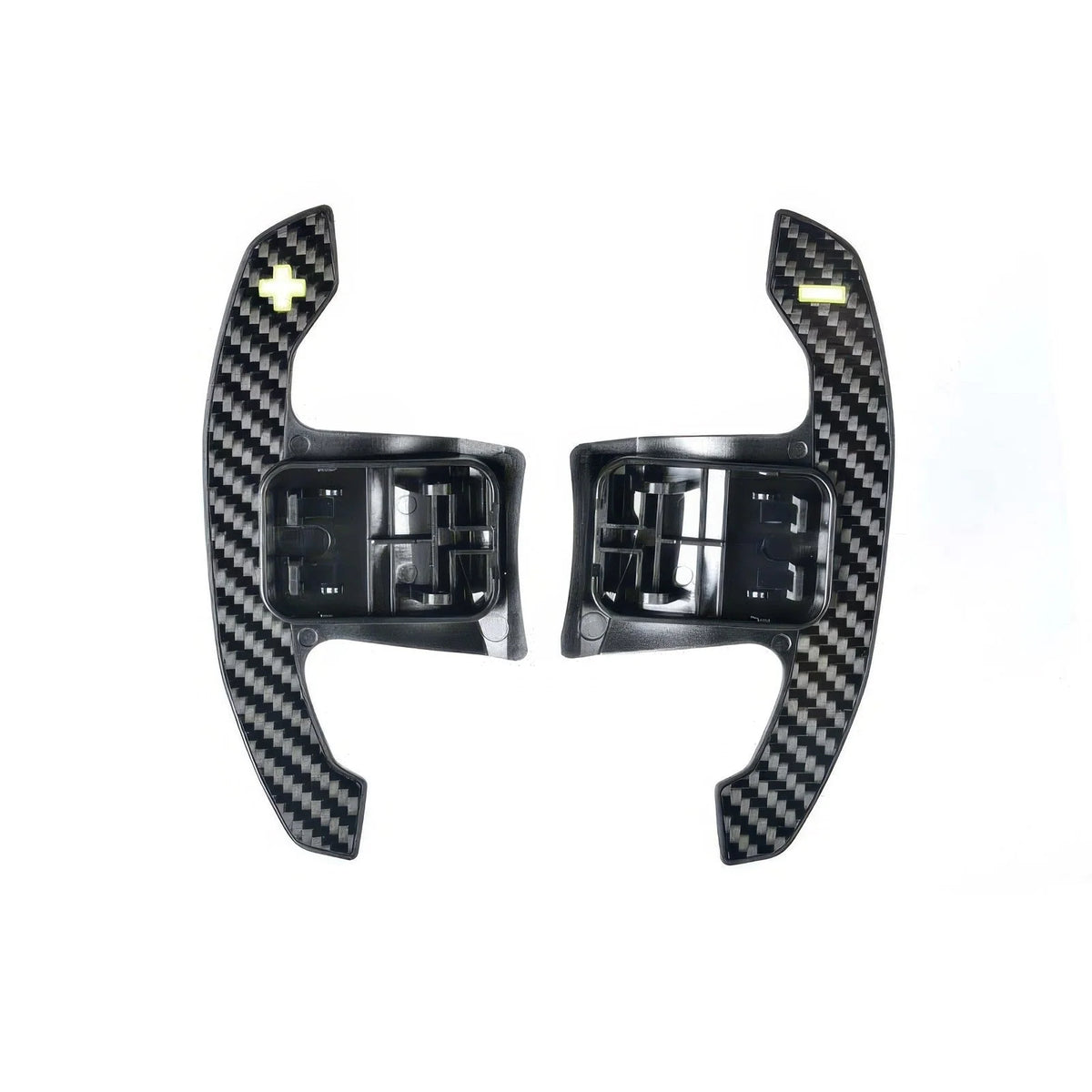 Carbon fiber Magnetic Paddle Shifters with yellow plus and minus symbols