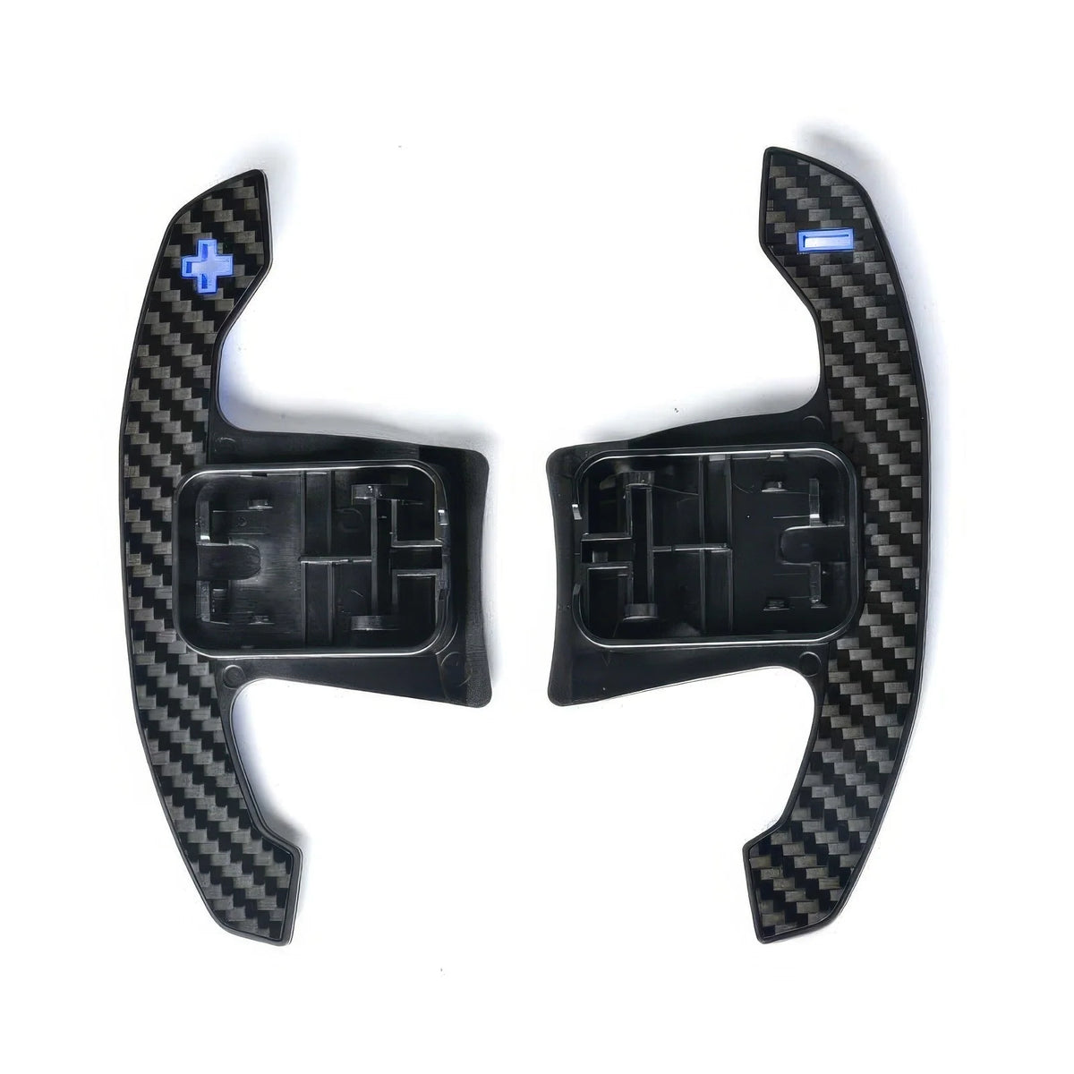 Carbon fiber Magnetic Paddle Shifters with blue plus and minus symbols