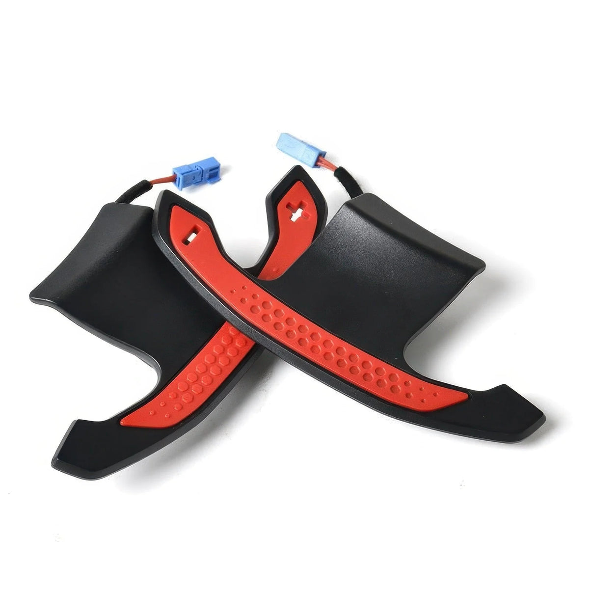 Paddle shifter undersides with red textured grip pads and connectors