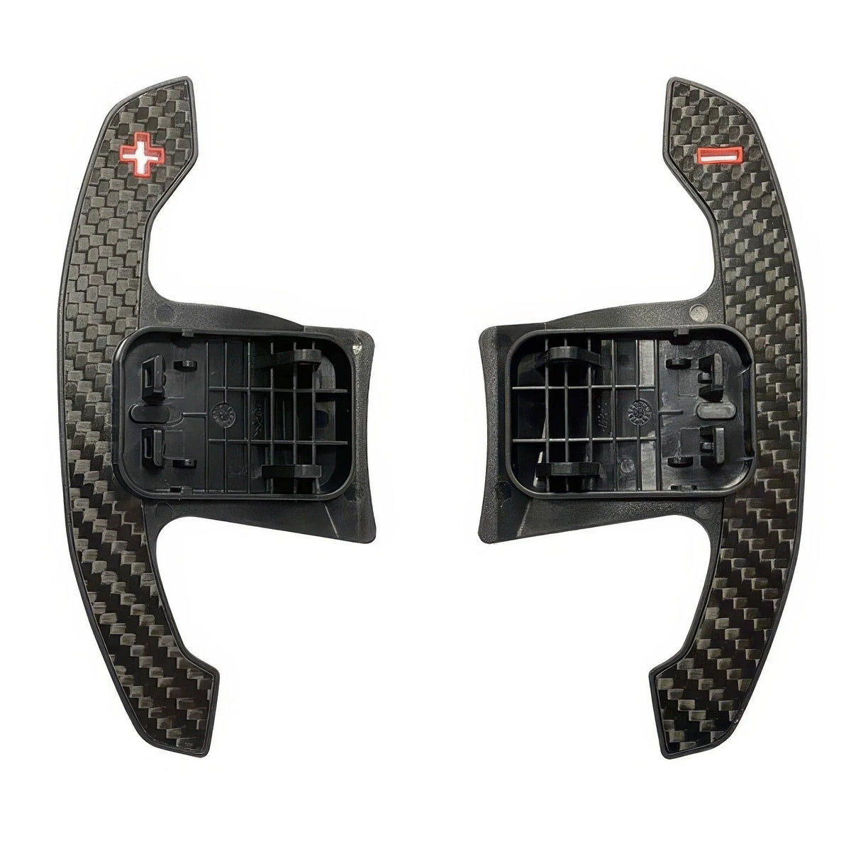Front view of carbon fiber paddle shifters with red outlined plus and minus symbols